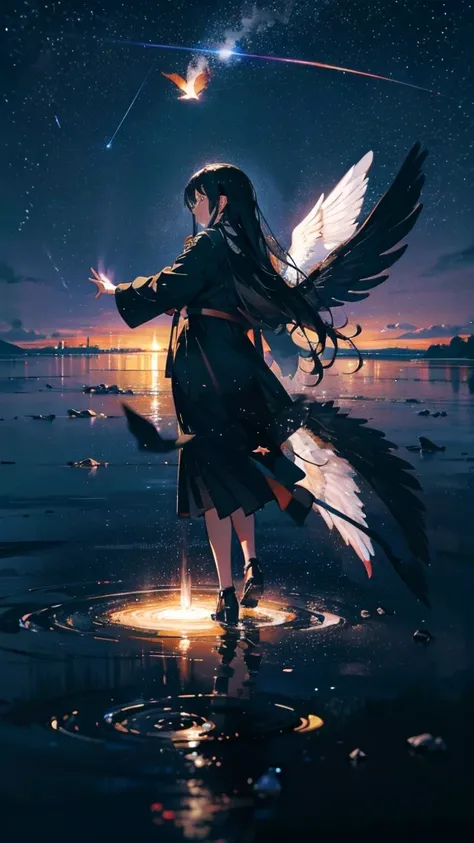 black Angel flying in front of black hole, fly in the sky,rain,night,thunder,Black wings,Female 1,Long black hair,in the sky,真っ黒な羽,青い火の鳥