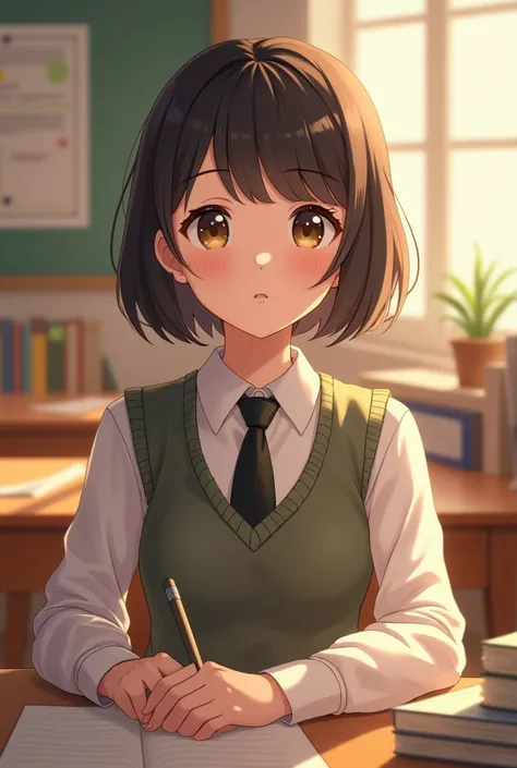 A cute female student with a bob haircut