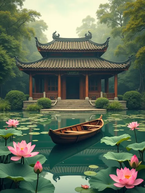 Prompt: "Photography style, traditional Vietnamese house, surrounded by a large pond and lotus flowers, with a small wooden boat floating on the pond"