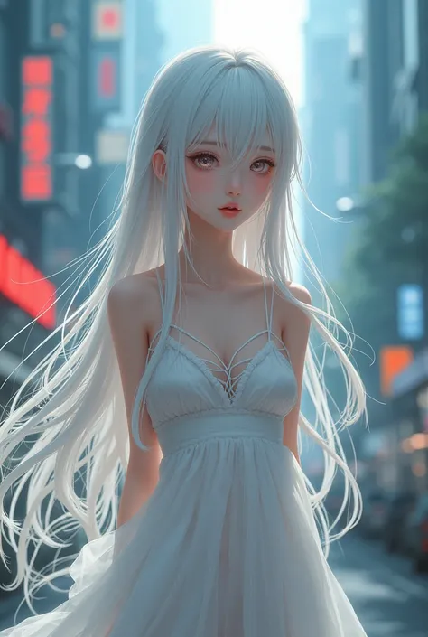 ai anime cyberpunk setting, white long hair girl, She is wearing a white ribbon-trimmed dress., Put on your headset, flushing , lips filler ,Korean city background  