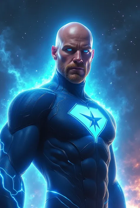 Male Captain Marvel, bald man, young, blue eyes, blonde short beard, in galaxy, super hero pose, light powers, logo