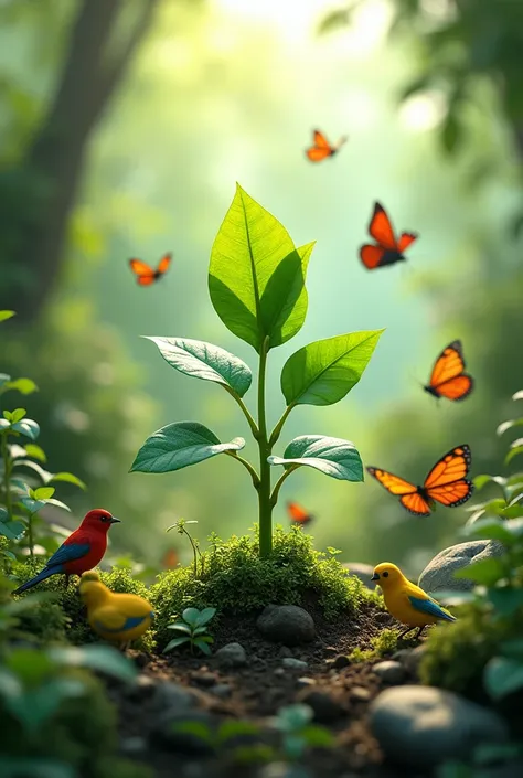 The sprout is now a young plant, with shiny green leaves stretching towards the sky. Around it, Small creatures like colorful butterflies and vibrantly colored birds interact with the plant, showing the interconnectedness of life. The background shows a lu...