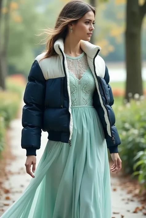 Elegant dress with draped skirt in soft sky blue #A2C2E0, Light Mint Green Lace Top #A0D6C4, and Navy White puffer coat #E8EAE8 largo