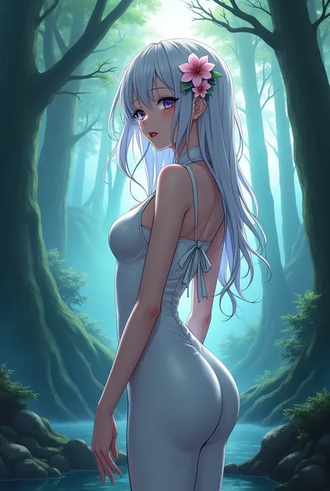 ai anime cyberpunk setting, white long hair girl, She is wearing a one-piece dress with a white ribbon., Wearing a flower on your head, flushing , lips filler , Mysterious forest background  