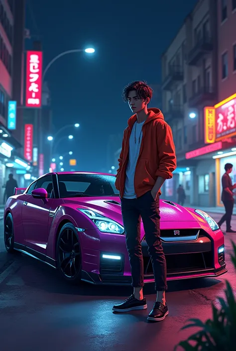 Handsome boy with color ful 
Nissan GT-R in dark night anime with more color ful 
