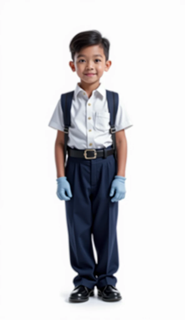 Malay, Malaysia child  average 1. children , wear full white collar clothes. Black belt. Dark blue long pants. Back pack bag body glove blue light , full black color shoes. standing behind the school. Figure four lock. white background.