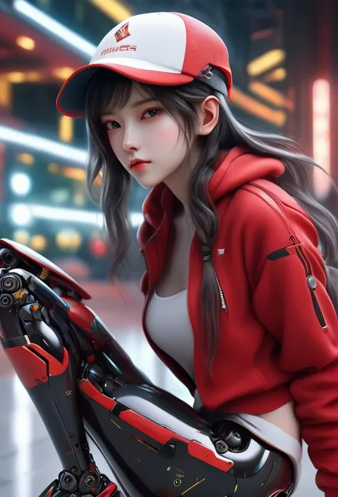 3D realistic HDRI photo cyborg robot beautiful woman with long hair with white face, wearing a red hoodie jacket, basketball cap, aiming an arrow in a prone position and both legs articulated, the robot is made of a mixture of porcelain and black carbon fi...