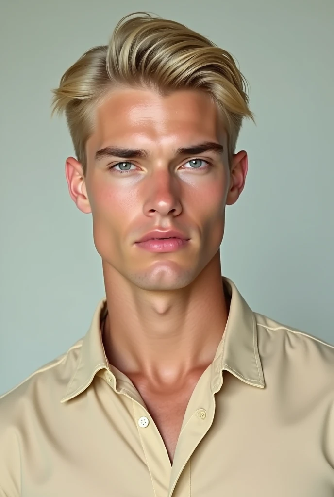 (photorealism:1.2),  a conventionally attractive 20 year old white man, with neat and straight pale blond hair even the root are pale blond, bright blue eyes, pale skin, a whole face structure look like a masculine 1950s german supermodel, slimmer nose and...