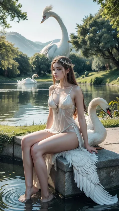 Realistic scene of a majestic white swan, representing Zeus, gliding gracefully toward Leda. The swan is the main focus, with detailed feathers and soft natural light highlighting its divine and powerful presence. Leda, a beautiful woman with long flowing ...