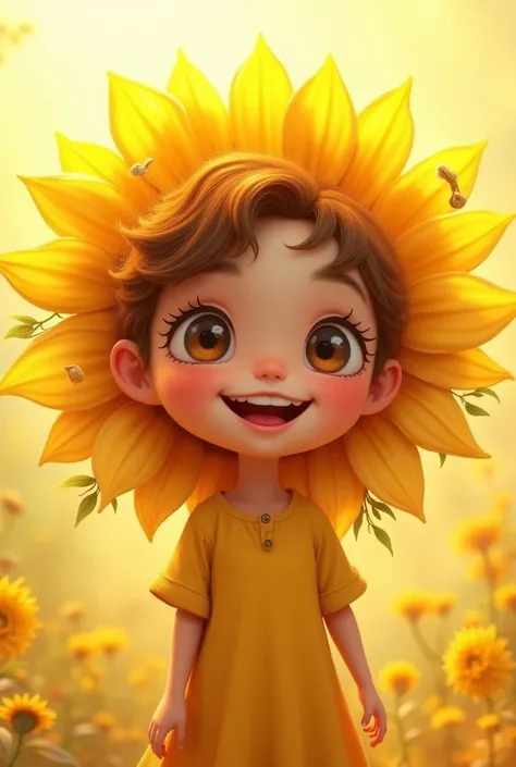 character of the tiny sunflower face girl who is a sunshine and smiling with energy