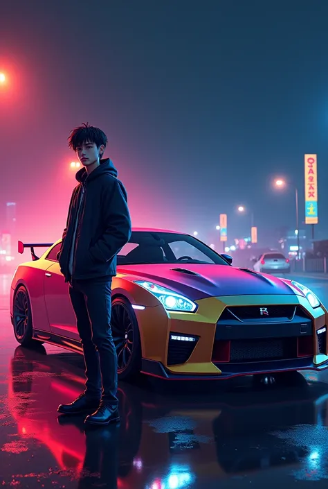 Handsome boy with color ful Nissan GT-R in dark night anime with more color ful not pink

