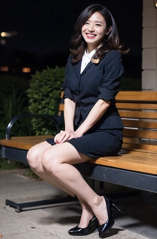 Highest quality, masterpiece, Realistic, High resolution, [8K RAW Photos,alone, 1 person, Medium length hair、Sitting on a bench、Slim figure、Spread your legs wide、avert your eyes、Grin,High heels、skirt、((Midnight:1.5))、Flash photography、Company uniform