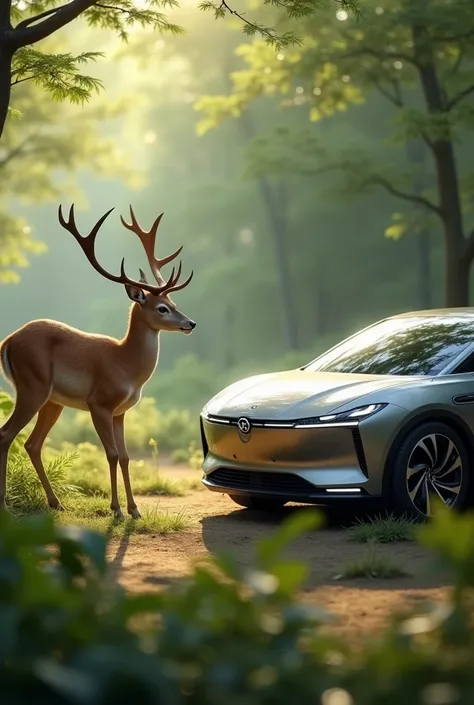  graceful deer,and car looking at each other and car full body 