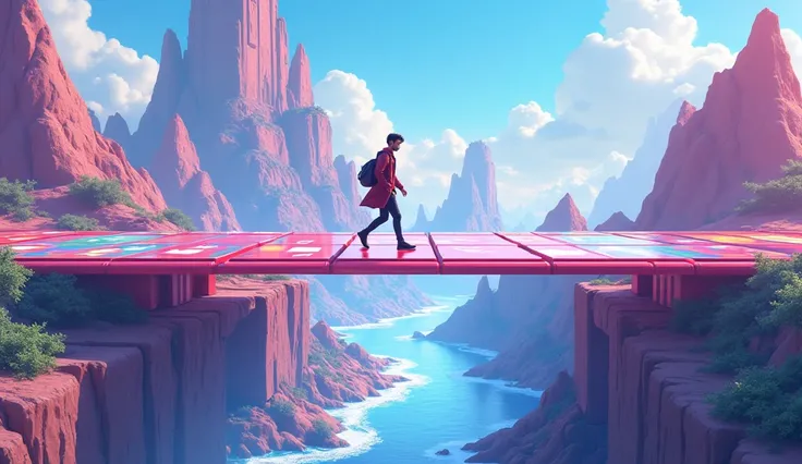 a futuristic bridge made of iphone 16s,apple logos covering the entire surface,rohan walking,apple logo river flowing below,3d cartoon animation,vibrant colors,highly detailed,intricate design,clean and sleek,dynamic perspective,innovative technology,surre...