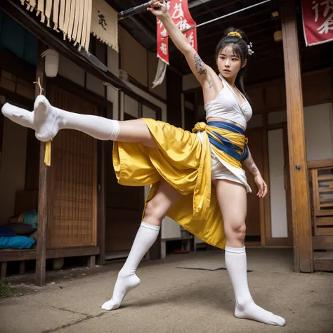 create real photo, Colorful ninjaJapanese retro a young 1 slender pretty girl messy hair is stretching his body, print, extraordinary expression, proud, wearing white socks on his feet, covered with traditional Japanese tattoo designs, thin tattoos, strong...