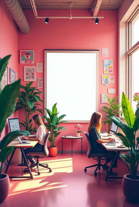 Graphic design office with pink painted walls and creative drawings pasted on the walls, Four flowering plants around the office but without blocking the large white presentation screen in the background
