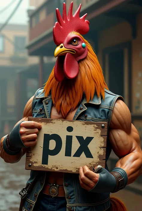 a strong and avenging Rooster in a rocker outfit holding a vintage wooden sign with the words PIX
