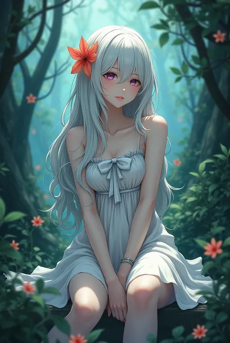 ai anime cyberpunk setting, Girl with long white wavy hair, She is wearing a one-piece dress with a white ribbon., Wearing a flower on your head, sit down있는 , sit down , flushing , lips filler , Mysterious forest background  ,Depth , realistic 