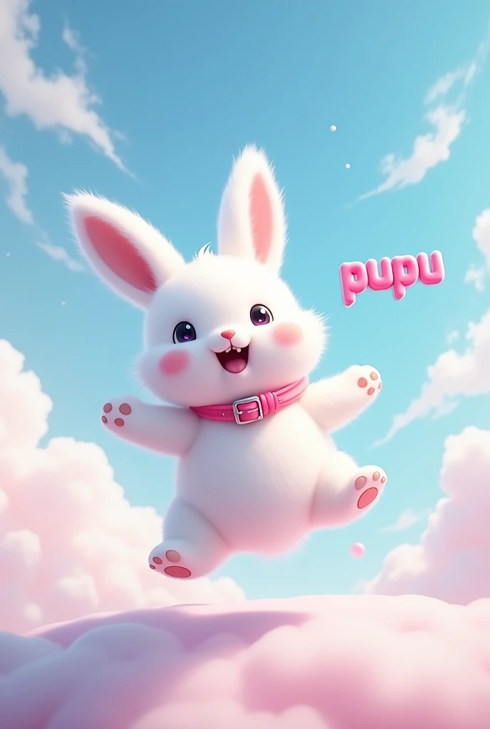 White rabbit with a pink collar playing in the sky with the word pupu