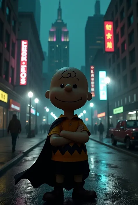 Charlie Brown, serious action pose, nighttime in gotham city, medium shot,