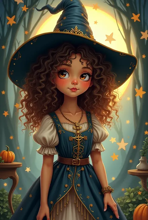 Create a drawing of a  with curly hair dressed as a witch.
