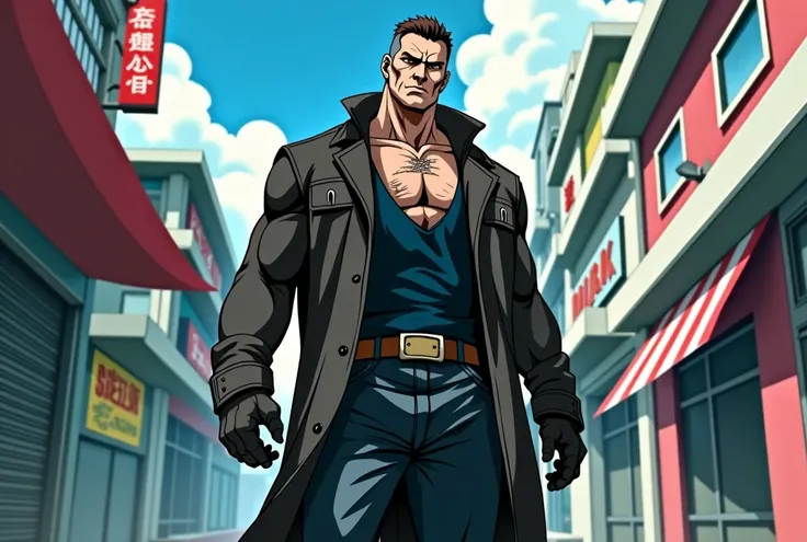 50 year old man, tall and with very large muscles, full of scars, with short brown hair wearing a full body bad boy style outfit, without armor. アニメ, アニメ.