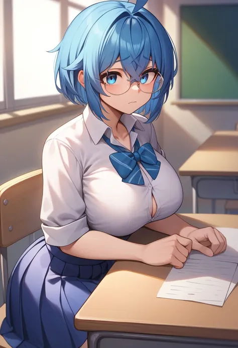 （masterpiece：1.2，high quality），4K，High resolution，cute girl, short hair, bright blue  hair，crossed bangs，blue eyes， ahoge，primary school student, embarrased, school uniform, circle glasses, sitting at desk, large chest