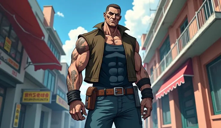 50 year old man, tall and with very large muscles, full of scars, with short brown hair wearing a full body bad boy style outfit, without armor. アニメ, アニメ.