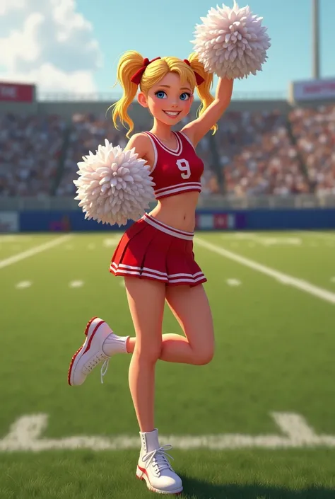 score_9, score_8, masterpiece, perfect face, bimbo, cute smile, short, medium hair, twin tails, looking at viewer, cute face, blonde hair, blue eyes, small breasts, 1girl, slightly fit, cheerleader red uniform, pompoms, football field background, aged 28, ...