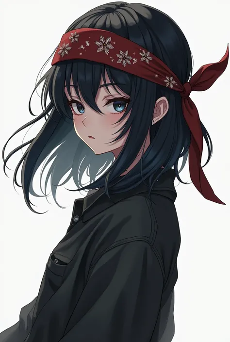 1 girl standing together black hair,, anime style, , 8k, super detail, high details, accurate, masterpiece, UHD, best quality, award winning, 4K looking at viewer emotionless expressionless mindless cowboy shot side view bandana on forehead looking at view...