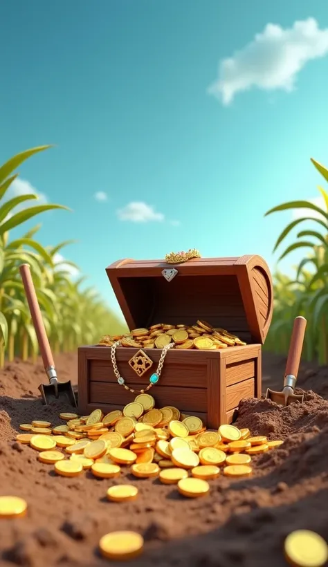 A treasure recently unearthed in a crop field. The chest is open, revealing glistening gold coins and sparkling jewels such as necklaces, rings with precious gems, and sparkling tiaras. The coins fall slightly over the edges of the chest, scattering on the...