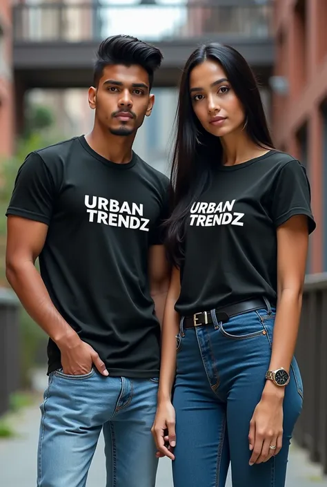 Create a mockup featuring two Indian models, one male and one female, wearing UrbanTrendz t-shirts. The male model should have short black hair, wearing a fitted t-shirt with the bold text UrbanTrendz displayed across the chest, paired with jeans for a cas...