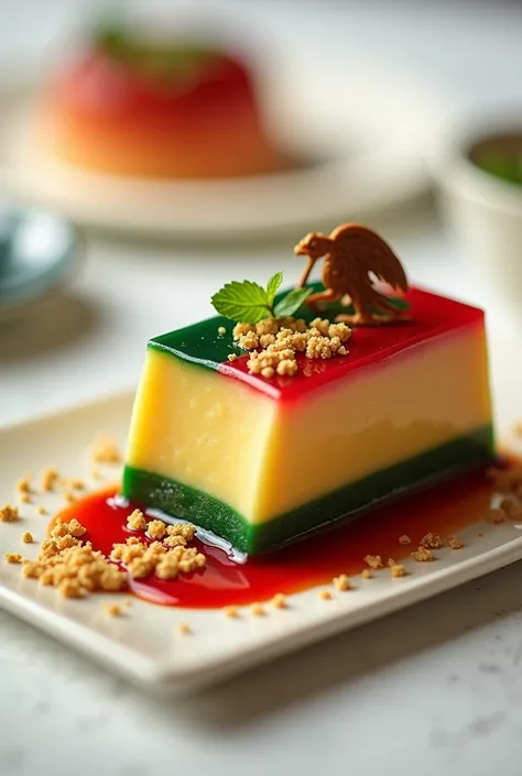 flan with colors of the Mexican flag, the colors go horizontally, the gelatin is rectangular, must have the Mexican national shield, rico, tasty, Epic photo, detailed photo