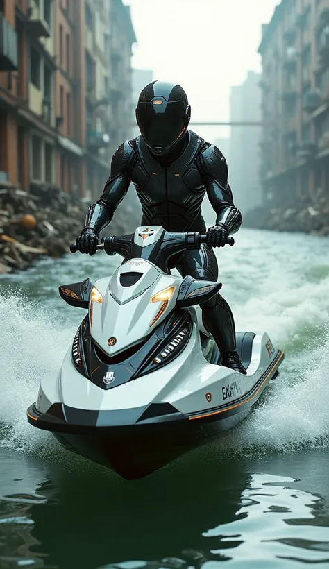 Create an image of a person in a futuristic wetsuit with a cybernetic design, riding on a high-tech jet ski. The setting is a dystopian cityscape with dilapidated buildings and bridges, suggesting an apocalyptic world. The watercraft and the rider’s suit s...