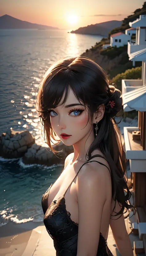 (Miss, portrait:1.2), (Japanese cartoon), (Greece:1.3), sunset, (photography), Beach house on Greece island, Shallow depth of field, Long straight brown hair, Long bangs, Long eyelashes, [[long half open elongated Eyes]], (Lipstick), [Dark eyeshadow], clos...