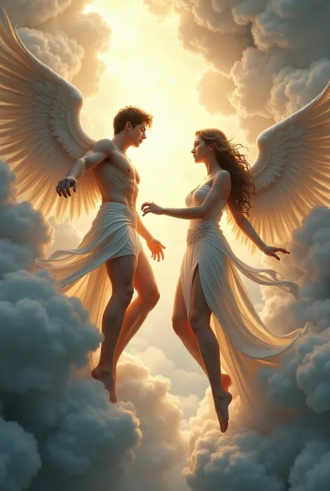 Photo image, 2 angels descending from heavens, 1 male, 1 female, fissure in the sky, light pouring around them, beautiful youths, crackling with energy, flawless features, beautiful, powerful, fantastic aesthetics, surreal, 3D effects, ultra HD(masterpiece...