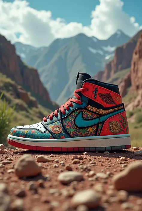 Create a Nike Jordan sneaker with the Peruvian theme of the Andes and an eagle with the mountain of seven colors