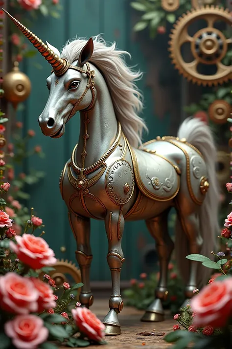 a steampunk unicorn, roses and flowers, gears