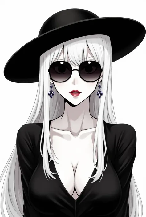 1girl, sunglasses, solo, hat, lipstick, red lips, long white hair, dress, plunging neckline, makeup, monochrome, white background, earrings, cleavage, jewelry, upper body, spot color, hair over shoulder,dark theme,shiny,shiny skin,milf,(mature japanese fem...