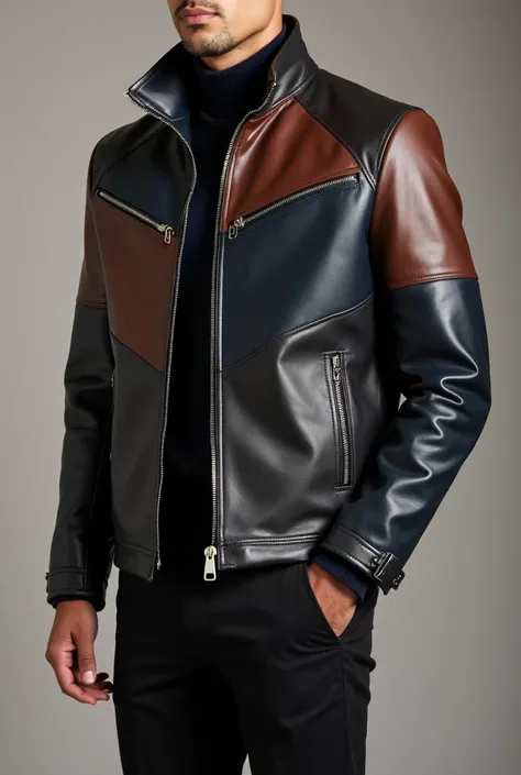 "Design a stylish mens leather jacket featuring a blend of four colors: deep navy blue, rich brown, charcoal gray, and classic black. The jacket should have a modern, sleek cut with a few subtle details such as a zippered pocket and adjustable cuffs, empha...