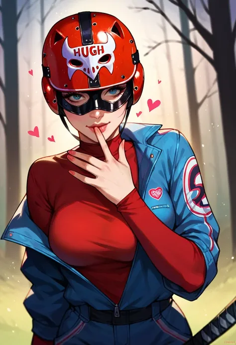 girl with hockey mask ,Jumpsuit,dark night,in the forest, sexy, Put your hand on your heart