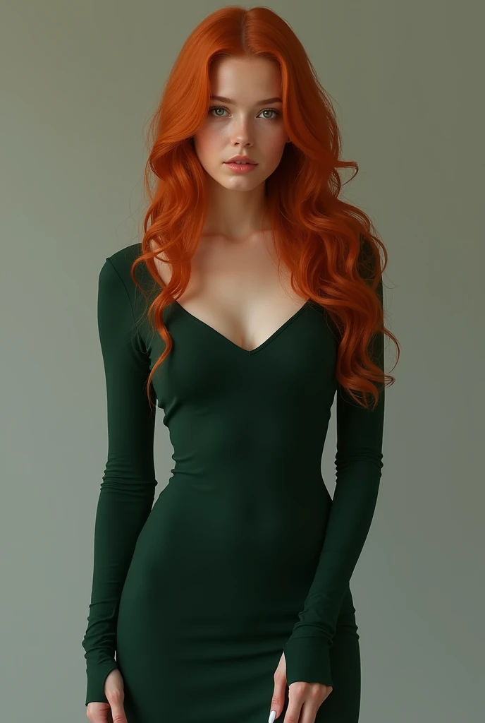 1 with ginger hair, wearing a tight dark green dress with long sleeves