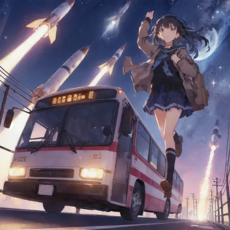 Rocket in the background、An anime girl with a backpack is running with a bus, Makoto Shinkai!, ( ( Makoto Shinkai ) ), Space Sky. by Makoto Shinkai, Makoto Shinkai!!, in style of Makoto Shinkai, Lofi Artstyle, 80s anime style, mokoto shinkai, makoto shinka...