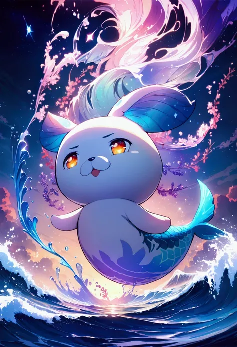 best quality,masterpiece, CG,Extremely detailed ,high resolution, Ocean Art Mascot, Wave,Fish Tail, Red and blue join, Added lavender, (Colorful gradients)，Splashing picture, Mysterious white crystal magic circle background,fantasy, Starry Sky, Vibrant lig...