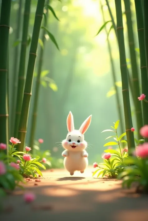 A white little rabbit jumps in a bamboo forest in southern China，The long ears sway slightly with the dance，The sun shines through the bamboo leaves, casting mottled shadows，There are several peach trees with pink flowers blooming next to it.。Pixar 3D anim...