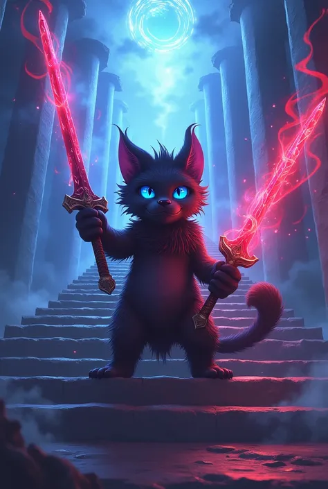 Let him be a friendly guy and have a red sword,that a blue, purple and red aura comes out all over the place,on a staircase that goes to heaven,a demon arm, blue eyes,black fur, que el tipo tengs a demon arm HUMANO