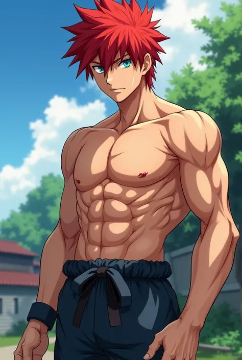 Naruto Namikaze, young male , Red hair, blue eyes, light skin slightly tanned, shirtless, martial artist, Jiu-jitsu, Inspired by Imai Cosmo from the Kengan Ashura series, Athletic and muscular body without exaggeration, anime style