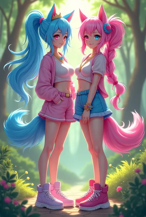 1Women, Long Hair, Blue Hair, Ponytail, pink hair, blue eyes, pink eyes, large breast, casual outfit pink, blue, background forest sunny, dog ears, feet, Braided Ponytail, Double Bun, Jewelry, Tiara, dog tail fluffy, 