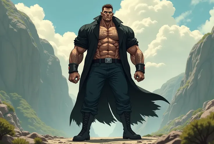 50 year old man, tall and with very large muscles, full of scars, with short brown hair wearing a bad boy style outfit of a black overcoat and black boots, full body, without armor. アニメ, アニメ.