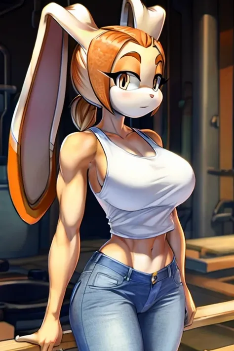 Cream the rabbit, white tank top, jeans, tank top, busty, small waist, orange hair in ponytail